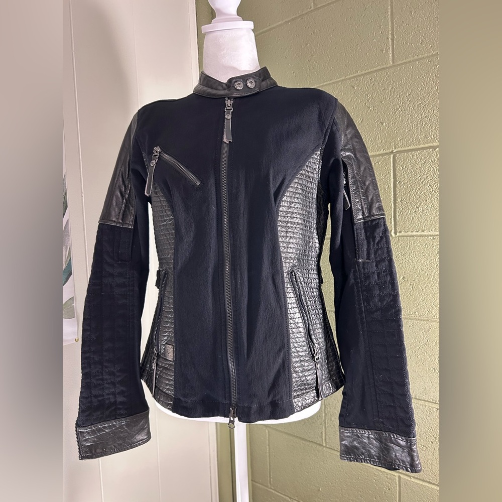 Harley Davidson Women's Black Leather/Canvas Jacket; Ventilated; Armor pockets